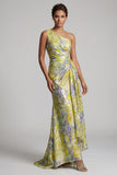 One Shoulder Yellow Floral Mermaid Long Printed Mother of the Bride Dress