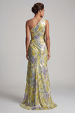 One Shoulder Yellow Floral Mermaid Long Printed Mother of the Bride Dress