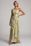 One Shoulder Yellow Floral Mermaid Long Printed Mother of the Bride Dress