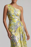 One Shoulder Yellow Floral Mermaid Long Printed Mother of the Bride Dress