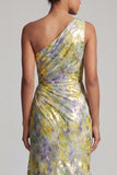 One Shoulder Yellow Floral Mermaid Long Printed Mother of the Bride Dress