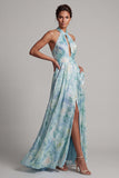Light Green Keyhole A Line Floral Long Mother of the Bride Dress with Pockets