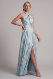 Light Green Keyhole A Line Floral Long Mother of the Bride Dress with Pockets