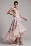 A Line Blush High Low Floral V-Neck Mother of the Bride Dress with Ruffles