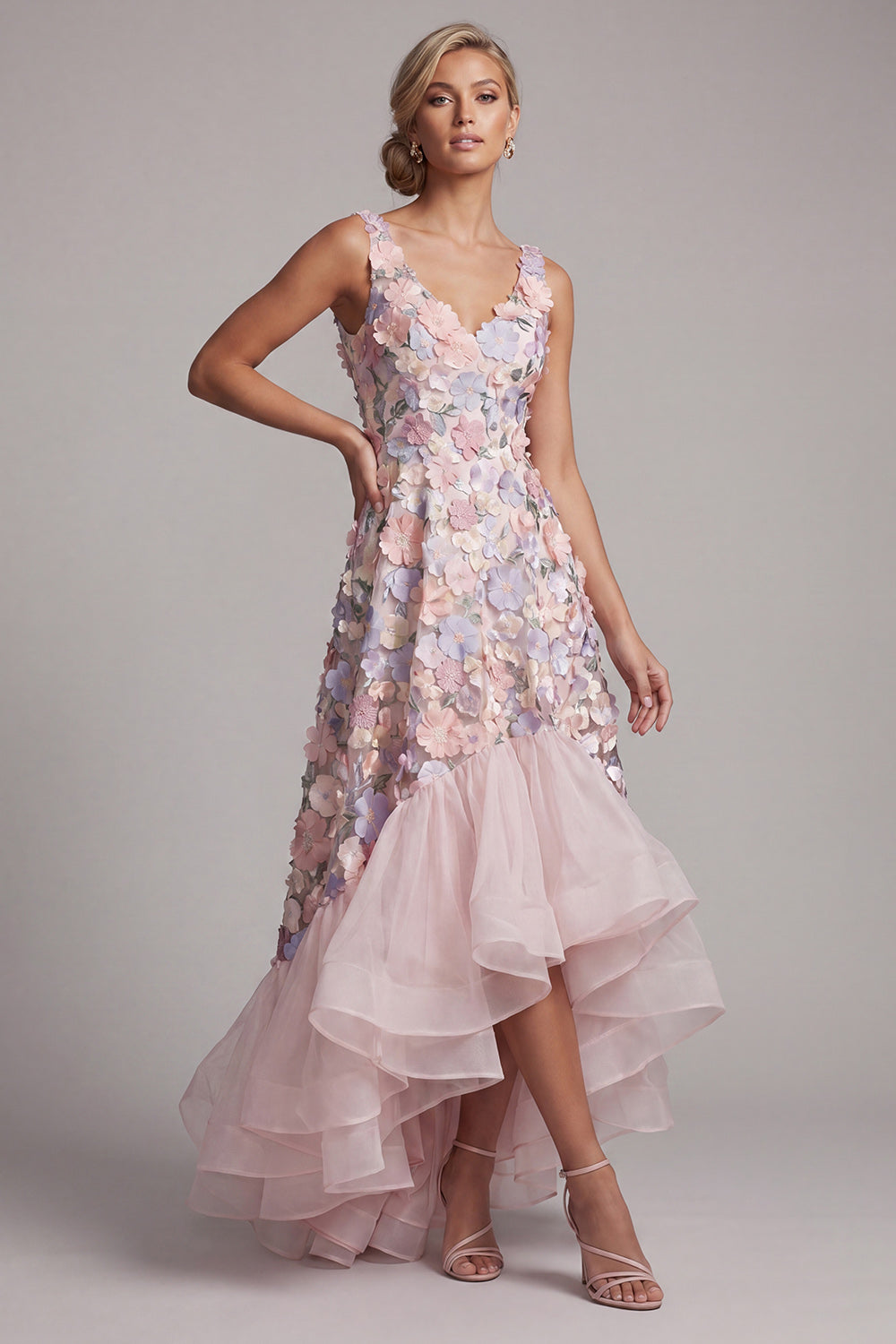 Zapaka Women Blush Long Mother of the Bride Dress with Ruffles Floral A