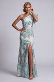 Mermaid Ruffled Light Green Floral Long Mother of the Bride Dress with Slit