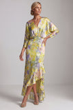 V Neck Yellow Ruffled High Low Mother Of the Bride Dress