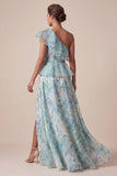 One Shoulder Light Green A Line Ruffled Mother Of the Bride Dress