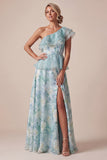 One Shoulder Light Green A Line Ruffled Mother Of the Bride Dress