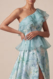 One Shoulder Light Green A Line Ruffled Mother Of the Bride Dress