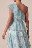 One Shoulder Light Green A Line Ruffled Mother Of the Bride Dress