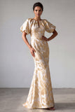 Champagne Mermaid Puff Sleeve Printed Mother Of the Bride Dress