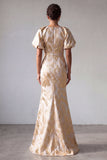 Champagne Mermaid Puff Sleeve Printed Mother Of the Bride Dress