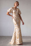 Champagne Mermaid Puff Sleeve Printed Mother Of the Bride Dress