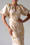 Champagne Mermaid Puff Sleeve Printed Mother Of the Bride Dress