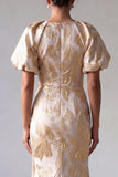Champagne Mermaid Puff Sleeve Printed Mother Of the Bride Dress