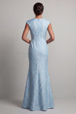 Blue Mermaid Cap Sleeve Mother Of the Bride Dress with Slit