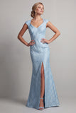 Blue Mermaid Cap Sleeve Mother Of the Bride Dress with Slit