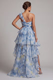 One Shoulder Dusty Blue A Line Ruffled Mother Of the Bride Dress