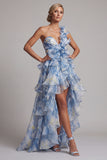 One Shoulder Dusty Blue A Line Ruffled Mother Of the Bride Dress