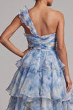 One Shoulder Dusty Blue A Line Ruffled Mother Of the Bride Dress