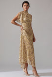 High Neck Printed A Line Champagne Mother Of the Bride Dress