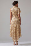High Neck Printed A Line Champagne Mother Of the Bride Dress