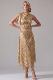 High Neck Printed A Line Champagne Mother Of the Bride Dress