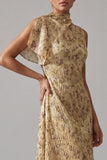 High Neck Printed A Line Champagne Mother Of the Bride Dress