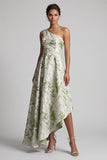 One Shoulder Light Green A Line Printed Mother Of the Bride Dress