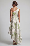 One Shoulder Light Green A Line Printed Mother Of the Bride Dress