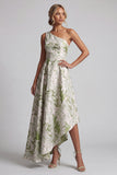 One Shoulder Light Green A Line Printed Mother Of the Bride Dress