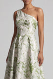 One Shoulder Light Green A Line Printed Mother Of the Bride Dress