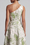 One Shoulder Light Green A Line Printed Mother Of the Bride Dress