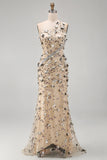 Apricot One Shoulder Mermaid Sequins High Low Maxi Dress with 3D Appliques