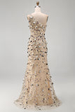 Apricot One Shoulder Mermaid Sequins High Low Maxi Dress with 3D Appliques