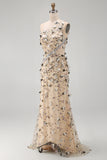 Apricot One Shoulder Mermaid Sequins High Low Maxi Dress with 3D Appliques