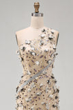 Apricot One Shoulder Mermaid Sequins High Low Maxi Dress with 3D Appliques