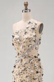 Apricot One Shoulder Mermaid Sequins High Low Maxi Dress with 3D Appliques