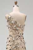 Apricot One Shoulder Mermaid Sequins High Low Maxi Dress with 3D Appliques