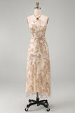 Champagne Sheath Halter Beaded Midi Mother of the Bride Dress