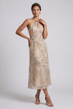 Champagne Sheath Halter Beaded Midi Mother of the Bride Dress