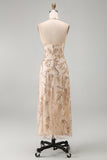 Champagne Sheath Halter Beaded Midi Mother of the Bride Dress