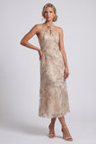 Champagne Sheath Halter Beaded Midi Mother of the Bride Dress