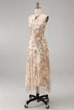Champagne Sheath Halter Beaded Midi Mother of the Bride Dress