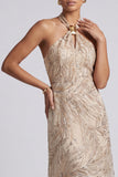 Champagne Sheath Halter Beaded Midi Mother of the Bride Dress