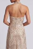 Champagne Sheath Halter Beaded Midi Mother of the Bride Dress