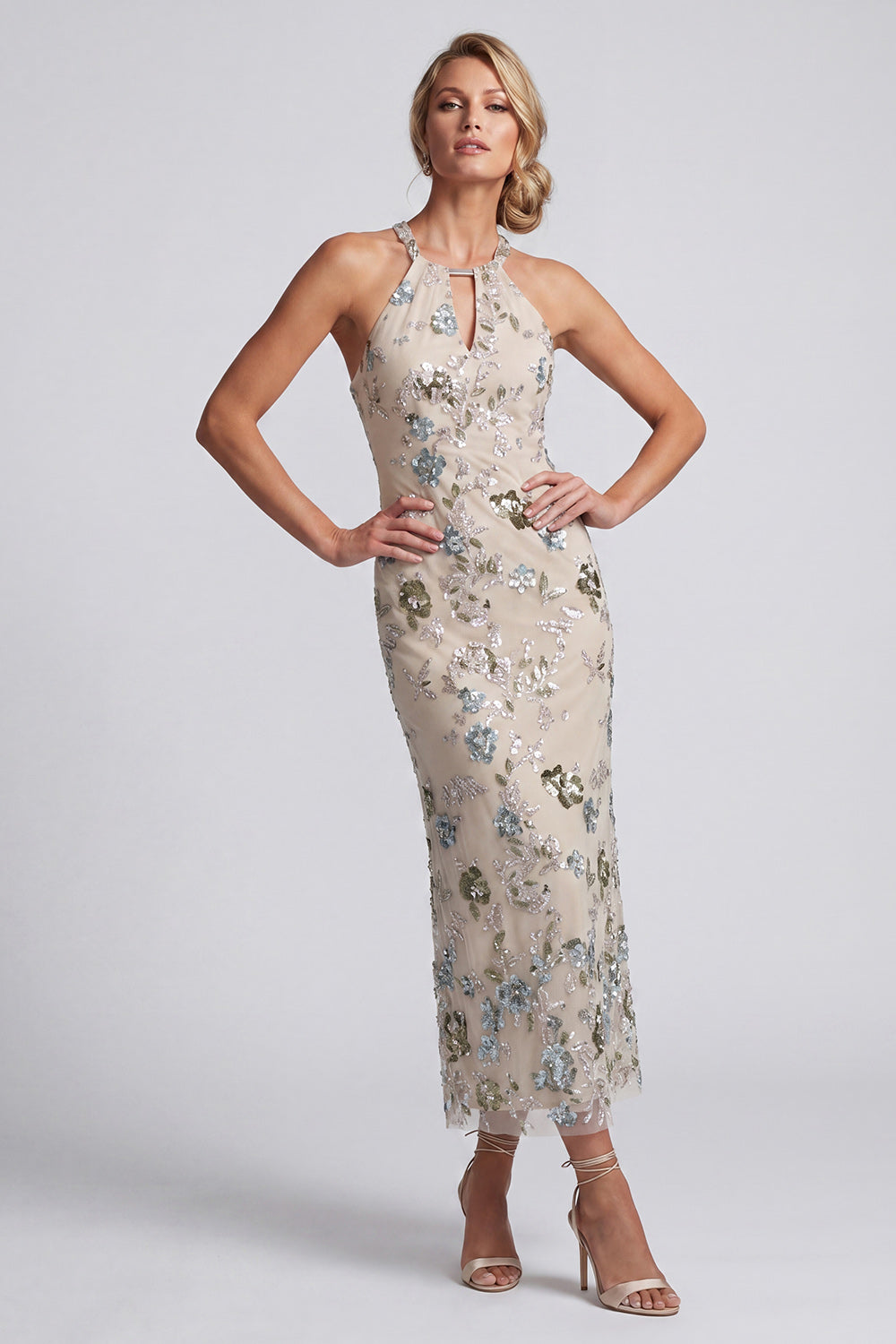 Zapaka Women Grey Blue Sequin Mother of the Bride Dress Mermaid Cut Out Halter Wedding Guest Dress, Grey Blue / US22W