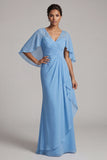Blue V-Neck Sheath Chiffon Ruffled Mother of the Bride Dress with Cape Sleeves
