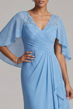Blue V-Neck Sheath Chiffon Ruffled Mother of the Bride Dress with Cape Sleeves